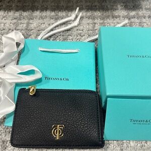 Tiffany & Co. Black Leather Card Holder with zipper and Tiffany packaging